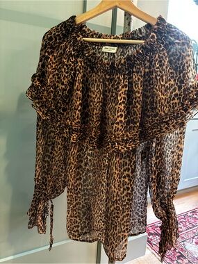 Saint Laurent Paris YSL Leopard Ruffle Chiffon Blouse